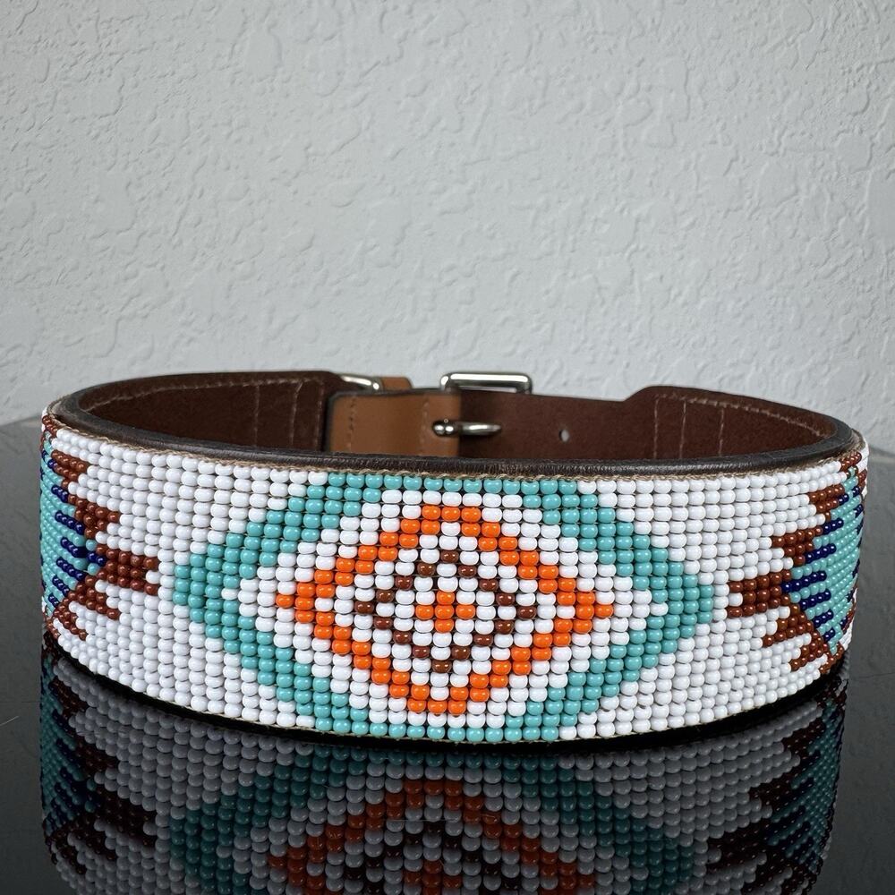 Sambboho Beaded Leather Dog Collar | Handmade in Brazil | Size 20-22"